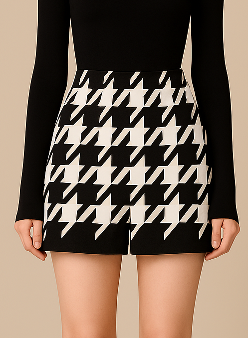 Houndstooth Woolen Cape Coat & Shorts ¨C Elegant & Fashionable Set